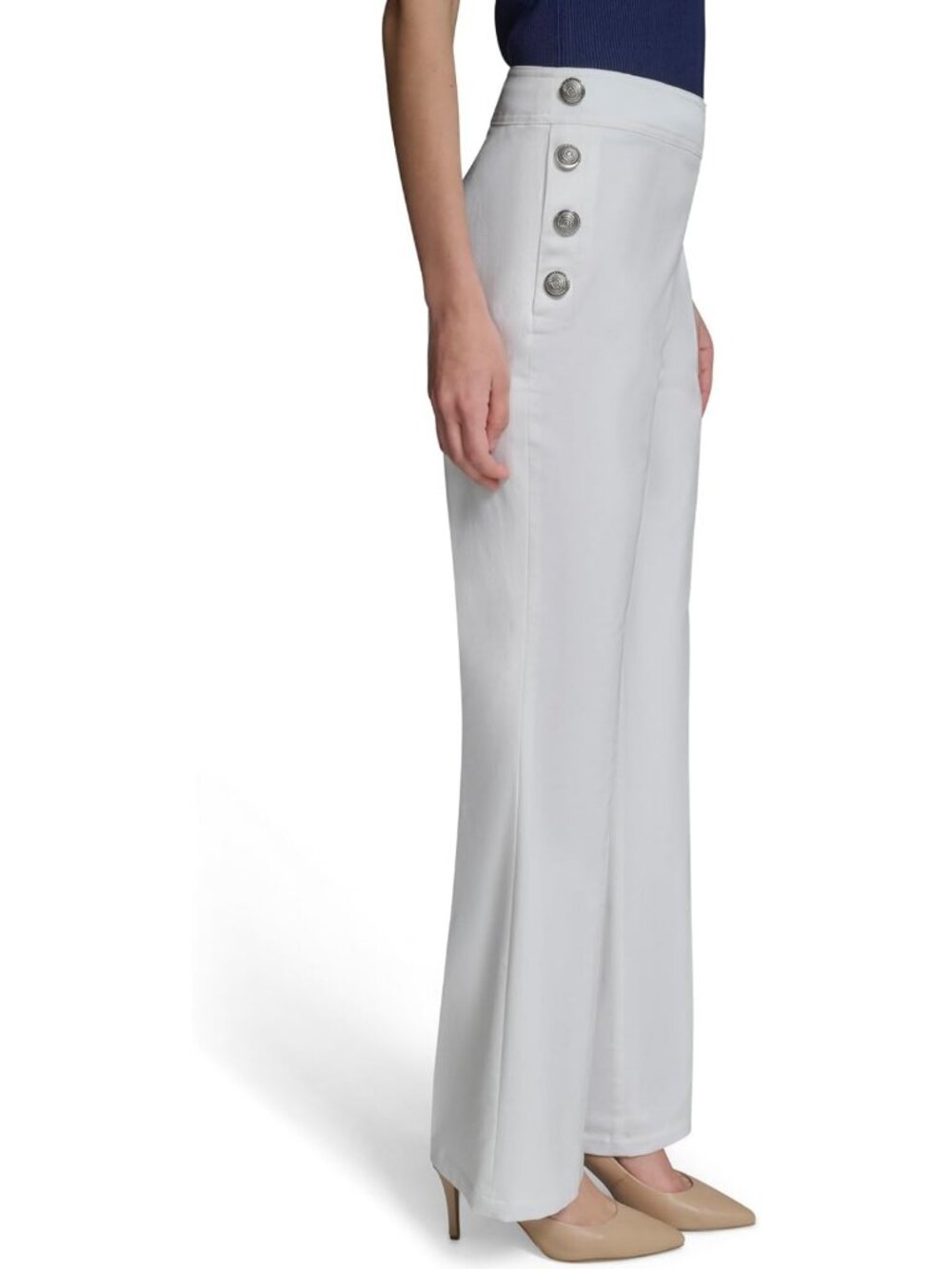 Chic Women's Straight Leg Sailor Pants with Button Detail | Cotton Twill - Picture 2 of 6